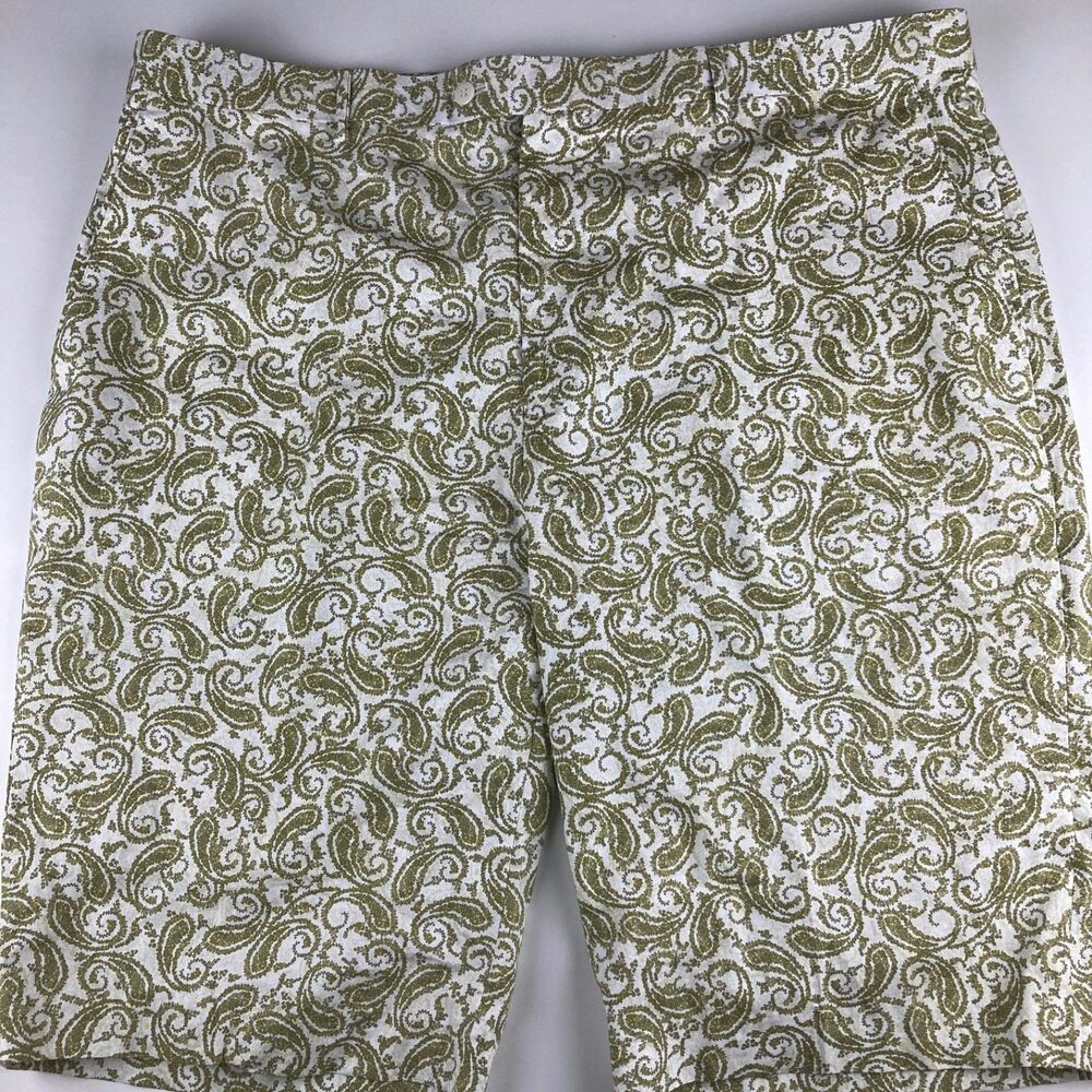Linea Uomo Men's Paisley Print Shorts Size 42 White Olive Green Flat Front
